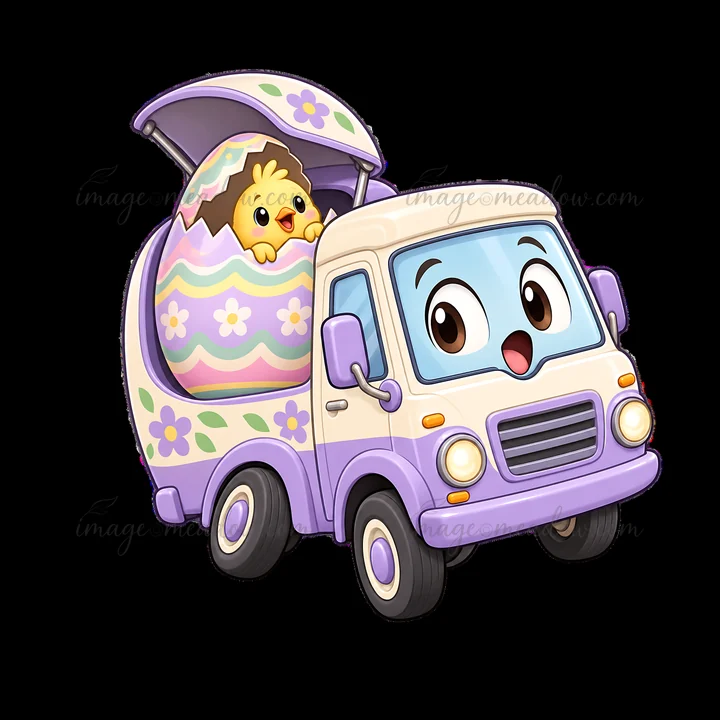 A cartoon truck drives with a large, decorated Easter egg in the back. A cute chick peeks out from the egg, adding a playful touch to the festive scene. The tru