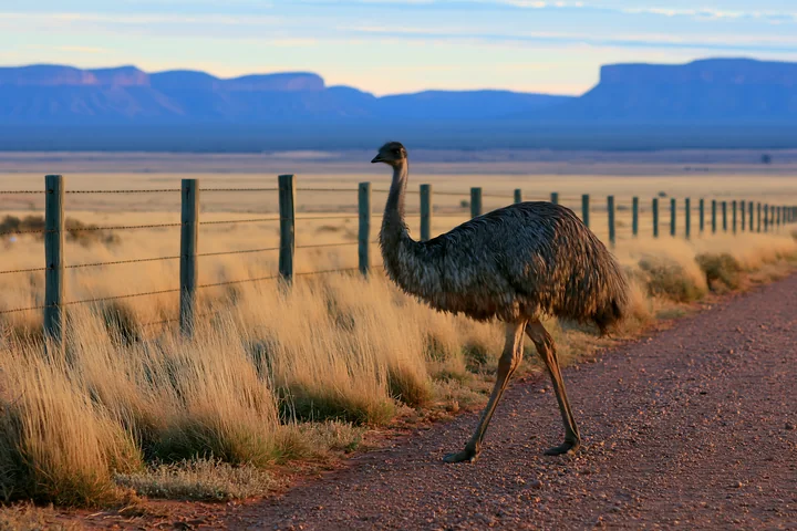Emu walking along a gravel road across a dry outback plain with a fence and mountains behind it.