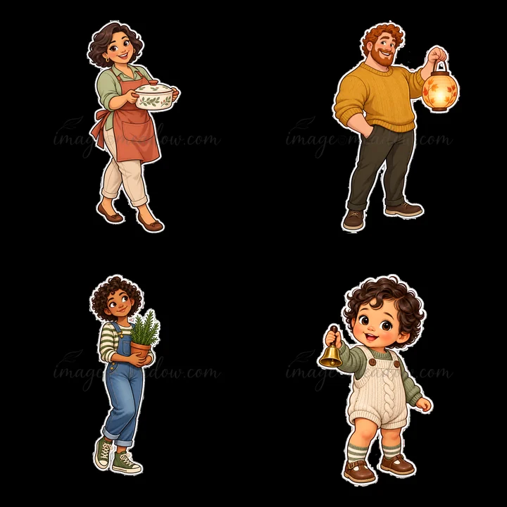 Adults and children are seen sharing happy moments at home. One adult holds a cooking bowl, another carries a lantern, a child holds a plant, and another rings