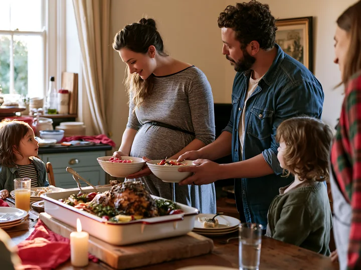 Family members serve bowls of food around a dining table during a warm holiday meal.