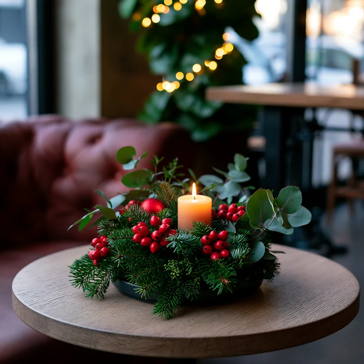Festive evergreen centerpiece with red berries and a lit candle on a wooden table, with empty space above.