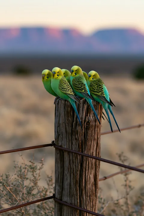 Five colorful budgerigars perch together on a weathered wooden post above a sandy desert landscape.