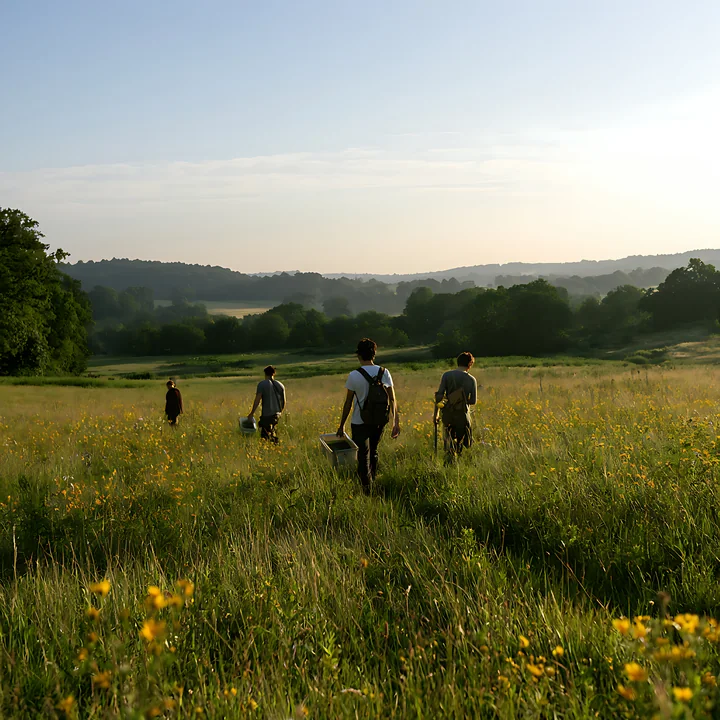 Five people are walking through a wildflower meadow at sunrise, carrying baskets.