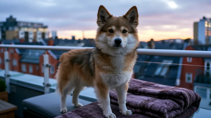 Fluffy dog stands on folded blankets on a rooftop terrace overlooking city buildings at sunset.