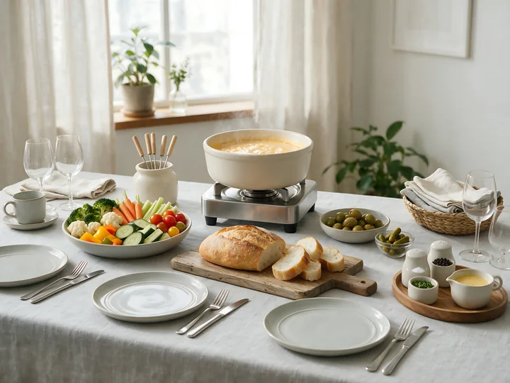 Fondue buffet table with melted cheese, vegetables, bread, olives, and tableware in a bright dining room.