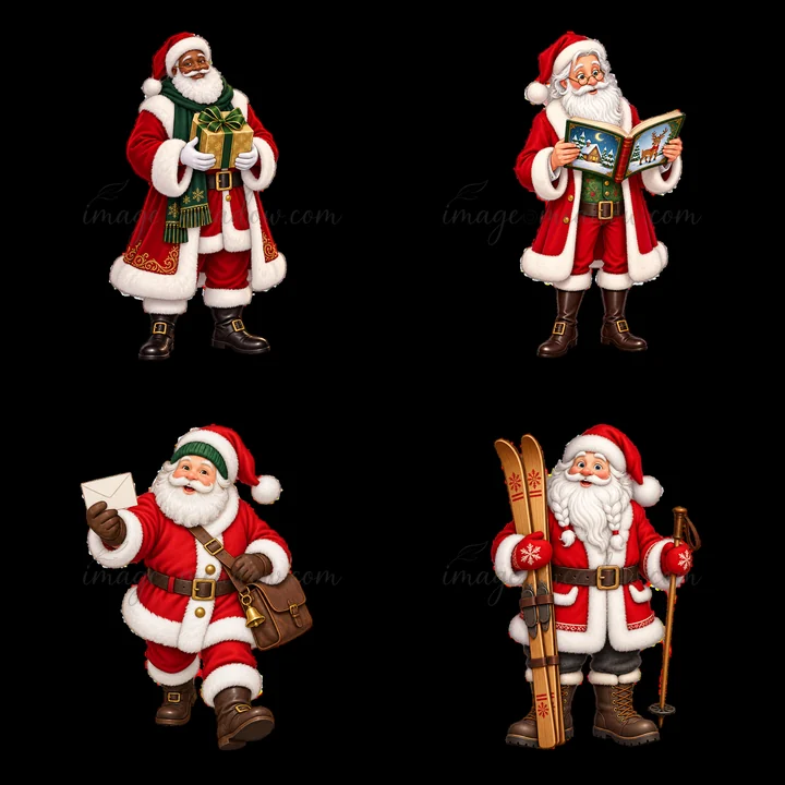 Four distinct Santa Claus characters each engaged in different actions. One holds a gift, another reads a book, a third carries a mail envelope, and the last is ready for skiing.