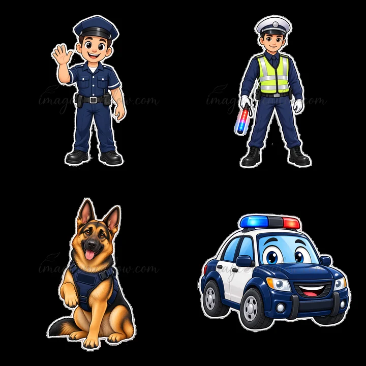 This illustration features a cartoon police officer waving, a police officer holding a flashlight, a police dog in a vest, and a smiling police car. The charact