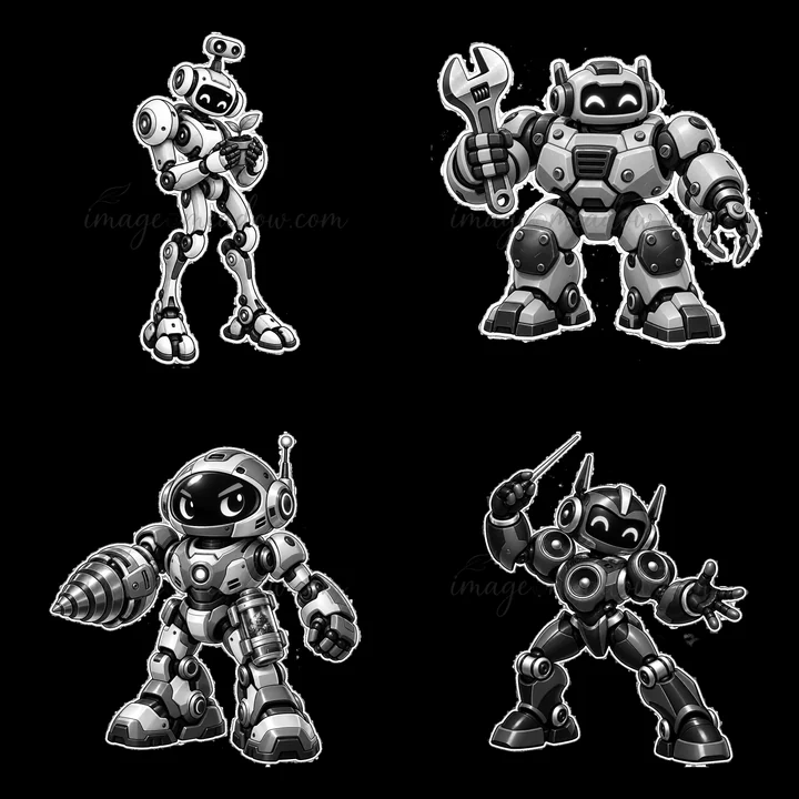 Four mech robots in a 2x2 layout display various actions. One holds a wrench, another uses a drill, while the remaining two strike poses. The illustration featu