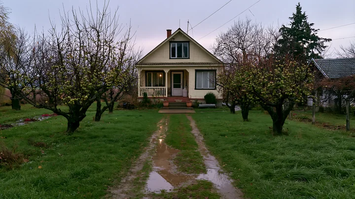 Fruit trees around country house create a cozy atmosphere.