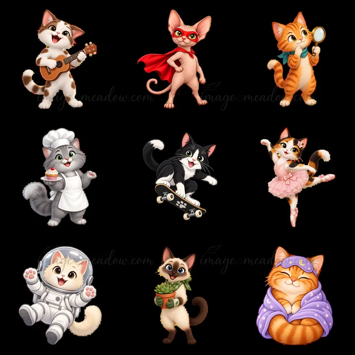 Nine cartoon cat stickers showcase cats in fun scenes. A cat plays guitar, another wears a cape, and one bakes. Each cat engages in a unique activity, displayin