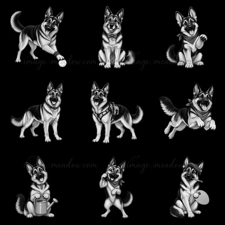 This collection features nine cartoon stickers of German Shepherd dogs. Each dog shows a different playful activity, including fetching a ball, watering a plant