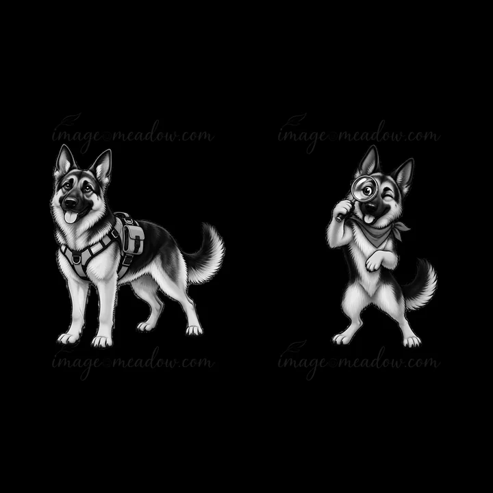 Two cartoon stickers show a German Shepherd dog standing with a harness on the left and a playful dog holding a magnifying glass on the right. Both are in monoc