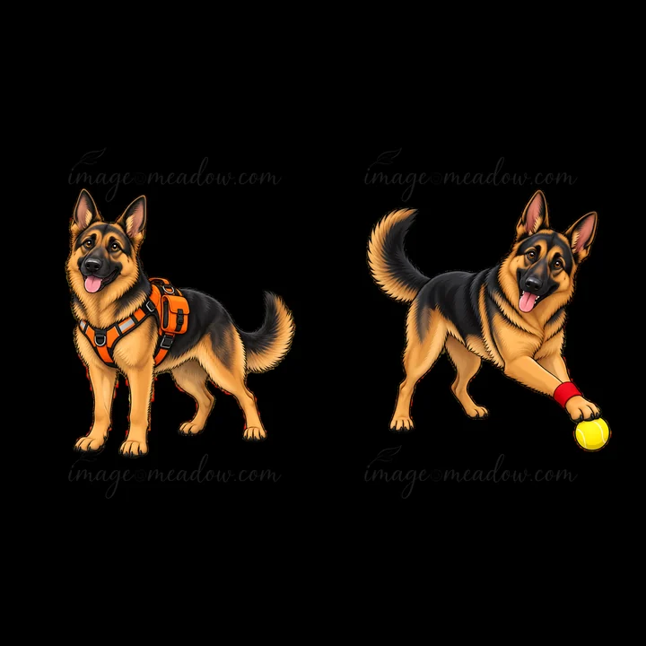 Two German Shepherd dogs are in a playful stance, one wearing an orange harness and the other holding a yellow ball. Both have a shiny coat of black and tan fur