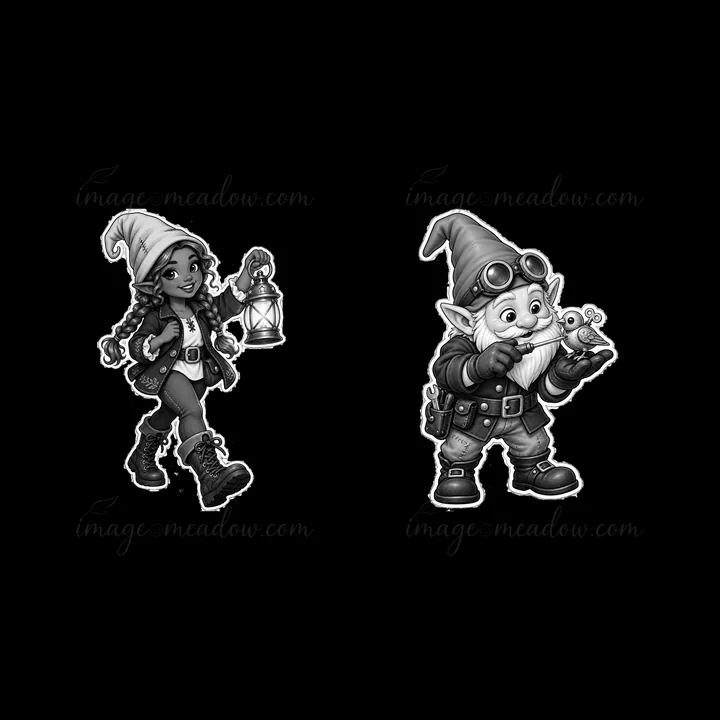 A gnome girl carries a lantern while walking beside a gnome holding a snail. The illustration captures the playful interaction of these two characters in a whim