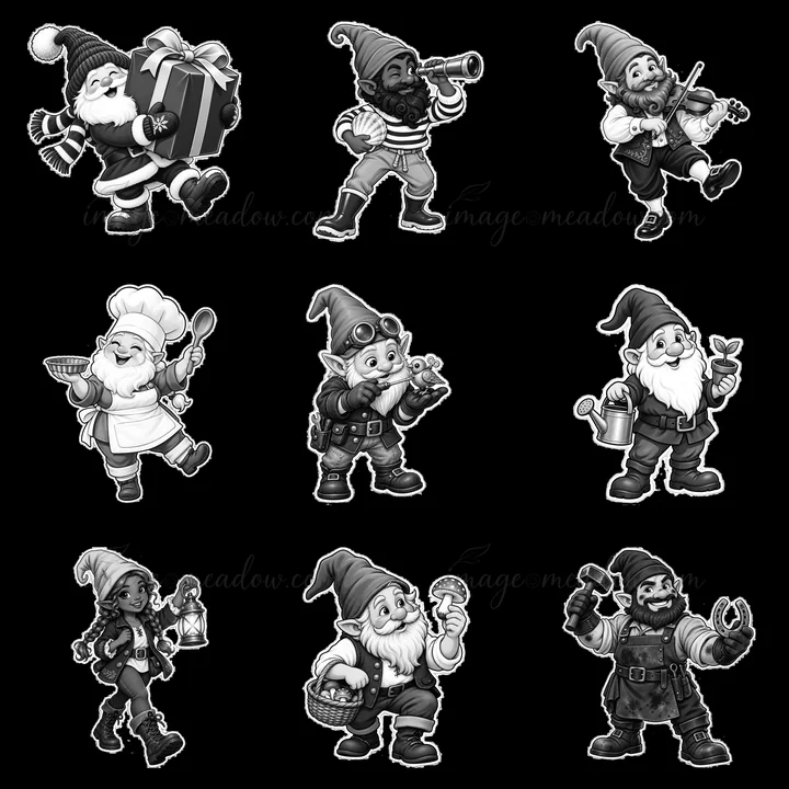 Nine gnomes are illustrated in a 3x3 grid. Each gnome is engaged in a different activity, such as singing, cooking, and gardening. The characters vary in size a