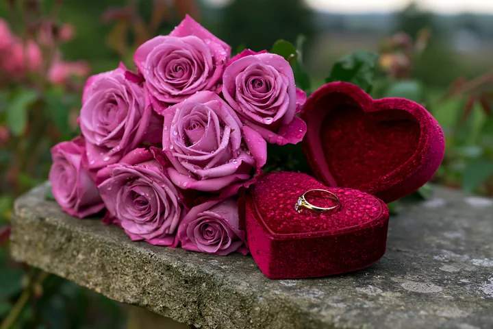 Gold ring on a heart-shaped velvet box beside dew-covered pink roses on a stone surface