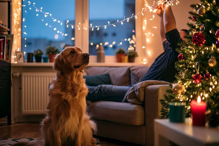 Golden retriever sitting beside a lit Christmas tree in a cozy apartment living room.