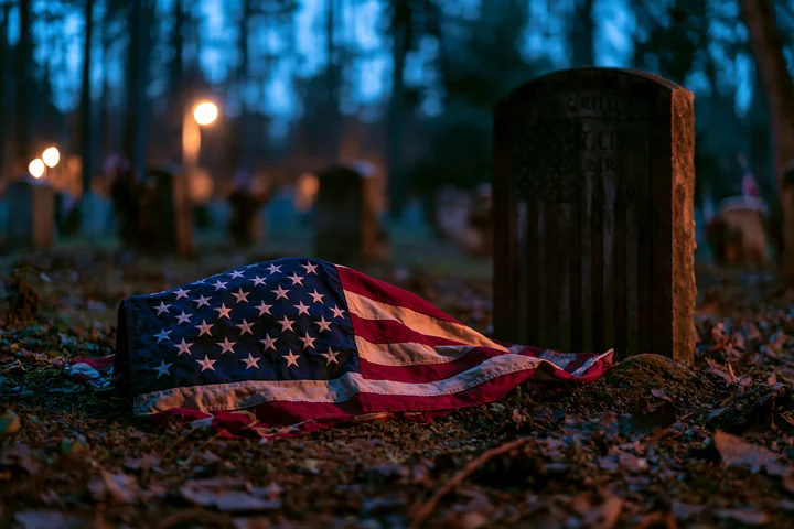 Graves are visible in a forest at night, highlighted by a few lights in the distance.