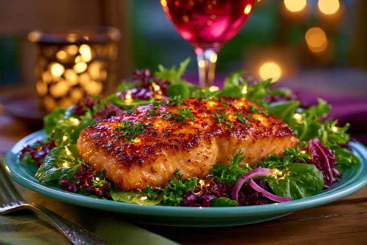 Grilled salmon fillet is placed on a plate with assorted leafy greens and red onion.