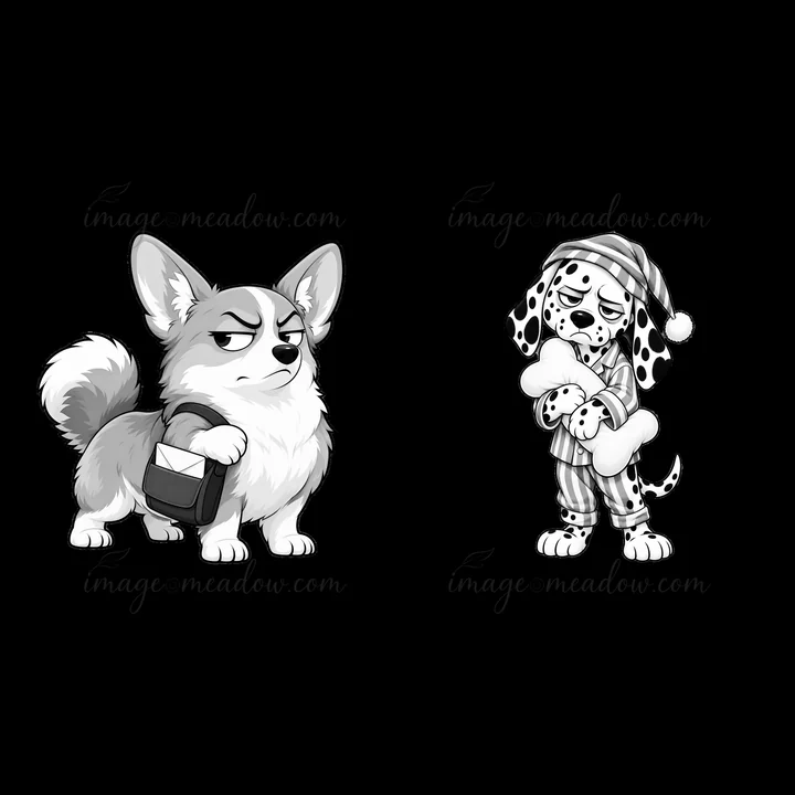 Two cartoon dog characters are shown. The left dog, a corgi, looks grumpy while holding a parcel. The right dog, a dalmatian, wears pajamas and grips a bone, sh