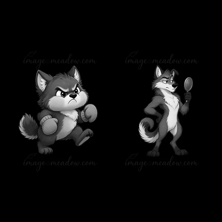 Two cartoon wolf characters in black and white. One wolf is running with boxing gloves, showing anger. The other wolf stands still, holding a magnifying glass,