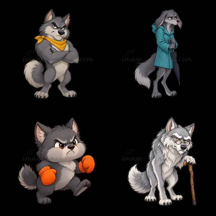 Four cartoon wolf characters showcase different attitudes. A serious wolf stands with arms crossed in a yellow bandana. Another wolf holds an umbrella. A small