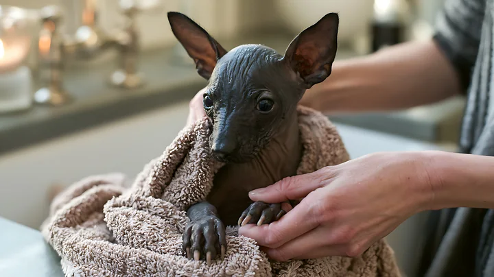 Hairless puppy wrapped in a blanket while a person's hands gently groom its paw indoors.