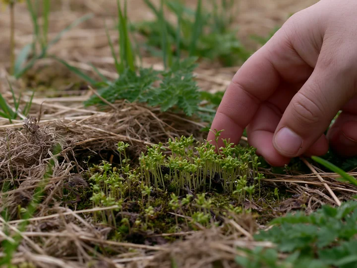 Hand inspecting young green plants emerging through dry grass in a meadow recovering after mowing.