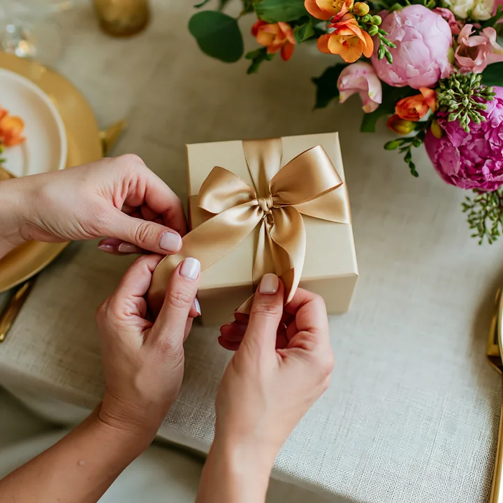 Hands are carefully tying a gold ribbon around a gift box on a table decorated with flowers.