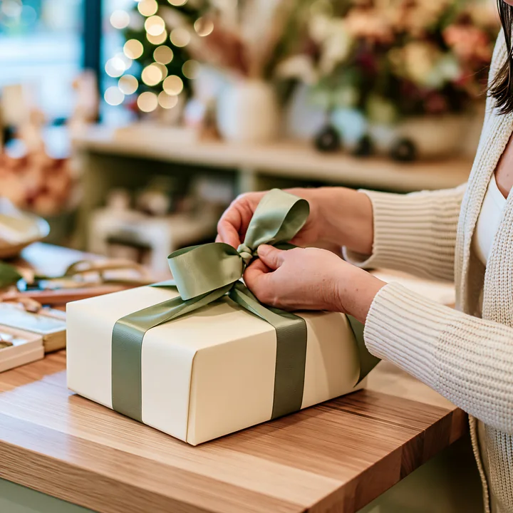 Hands are tying a green ribbon around a white gift box placed on a wooden table in a festive setting with blurred holiday decorations in the background.