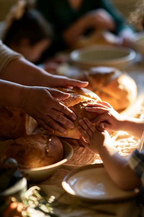 Hands pass a homemade loaf of bread across a warmly lit dinner table with plates and additional bread.