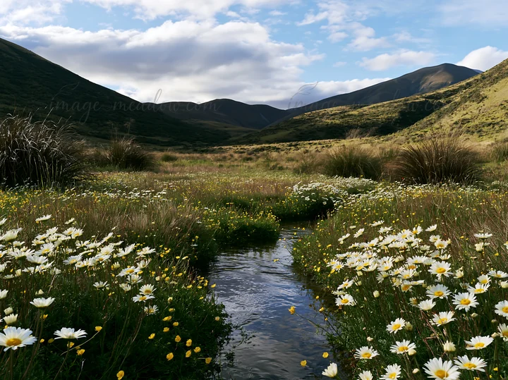 A stream flows through a meadow filled with flowers. The landscape features rolling hills and mountains under a partly cloudy sky. The scene captures the natura