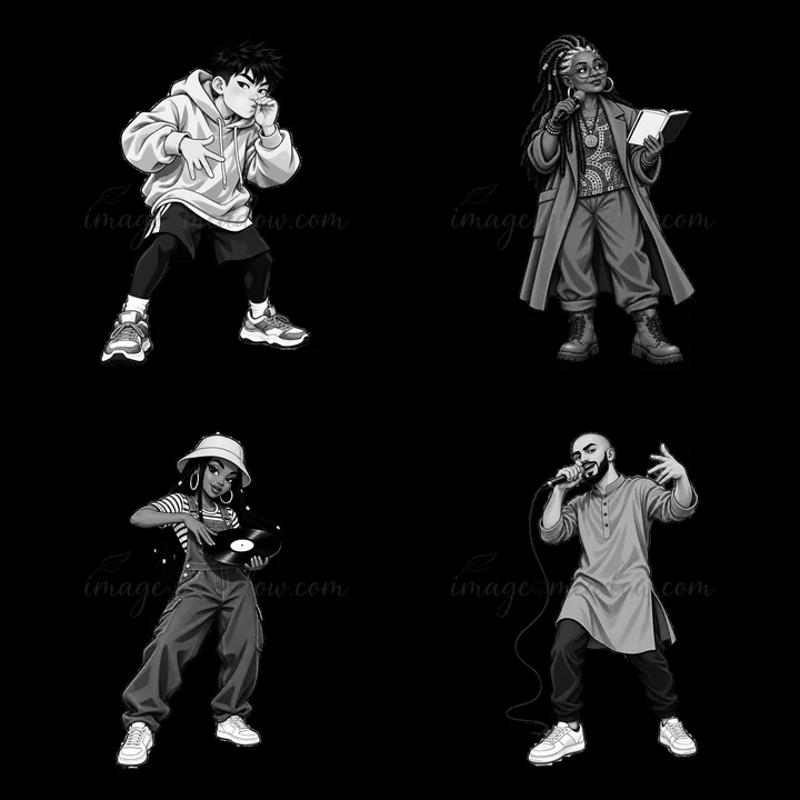Four hip-hop artists illustrated in a 2x2 grid. Each character shows distinct attire and poses, showcasing their individuality and connection to hip-hop culture