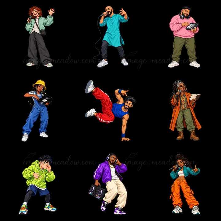 Nine hip-hop artists are shown in a 3x3 grid. Each character displays unique clothing and accessories while participating in activities like rapping, dancing, a