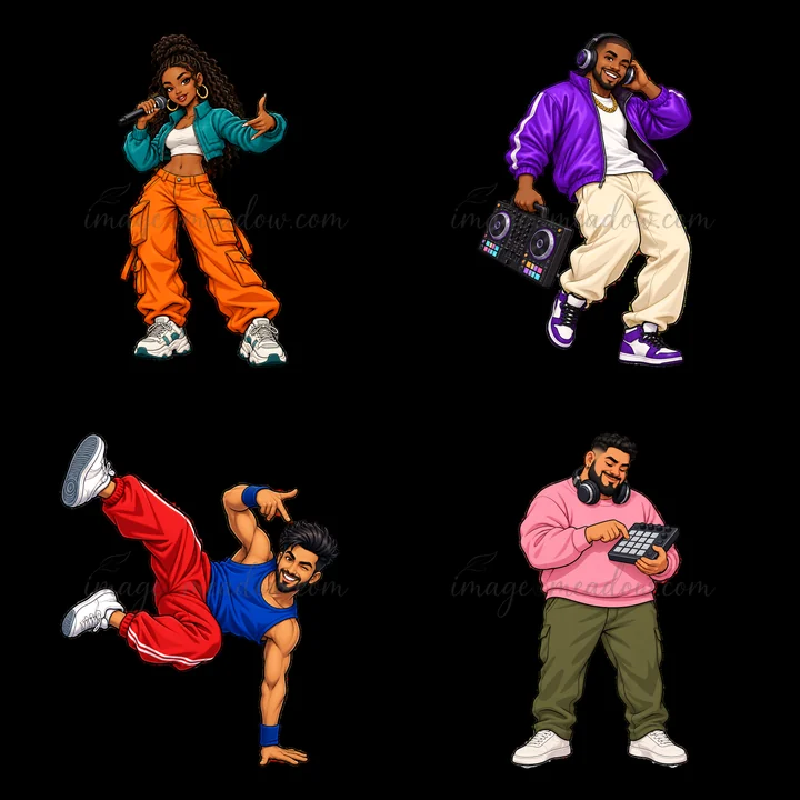 Four hip-hop artists are depicted in action. The artist top left raps, the artist top right holds a music mixer, the bottom left does a breakdance move and the