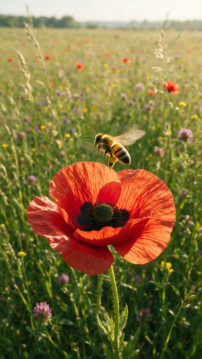 Honey bee lifting off above a red poppy in a sunlit wildflower meadow.
