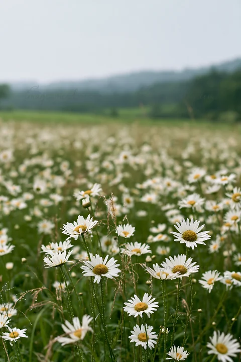 Daisies and seedheads grow in a meadow after rain in Iwate. The landscape shows green grass and blurred trees in the background, creating a natural setting.