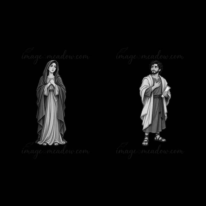 Mary and John stand beside Jesus on the cross, showing their sorrow. The figures are depicted in a monochrome style, emphasizing their expressions and clothing.