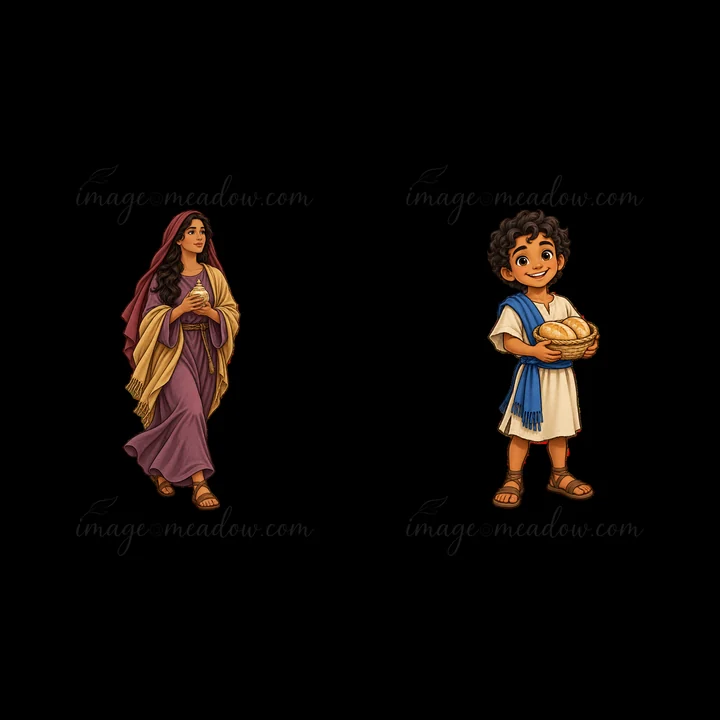 A woman walks to Jesus wearing a purple garment with a shawl. A young boy stands beside Jesus holding a basket of bread. The setting appears to reflect a biblic