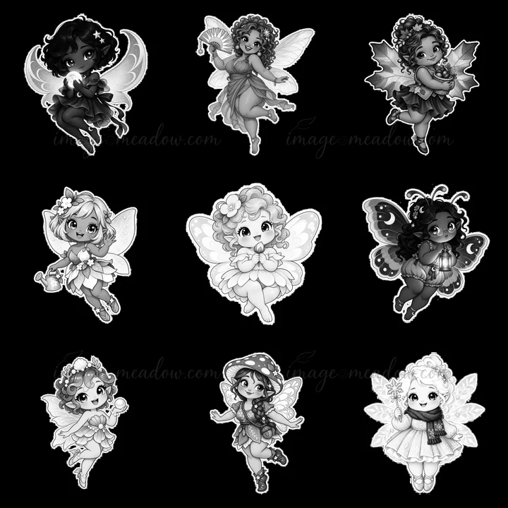 Nine kawaii chubby fairies are displayed in a 3x3 layout. Each fairy has unique features and accessories. They are shown engaging in different activities, celeb