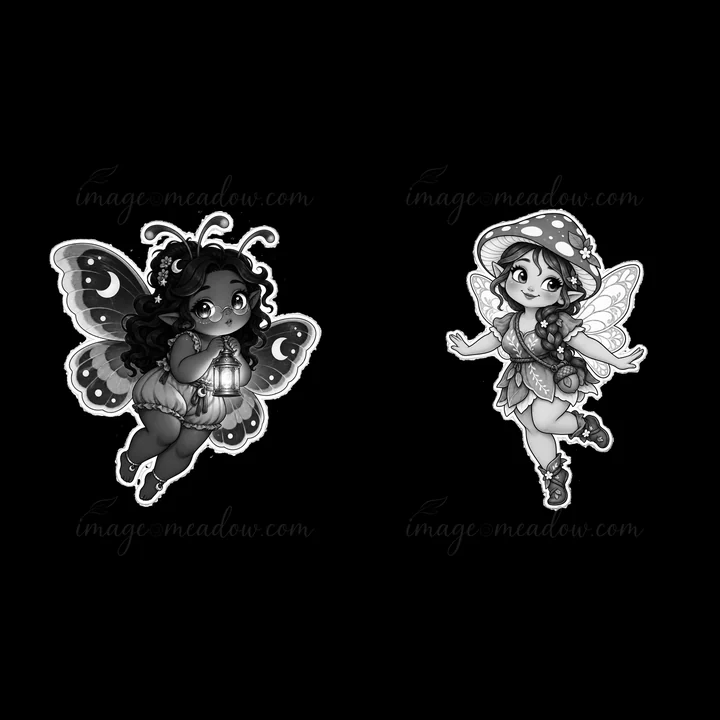 Two kawaii chubby fairies are flying together. One fairy has butterfly wings and holds a lantern, while the other wears a mushroom cap and has delicate wings. T
