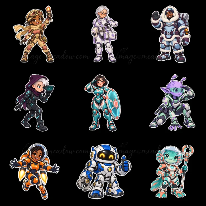 A collection of nine kawaii futuristic super-soldier characters. Each character has unique attire and accessories, featuring bright colors like purple, teal, an