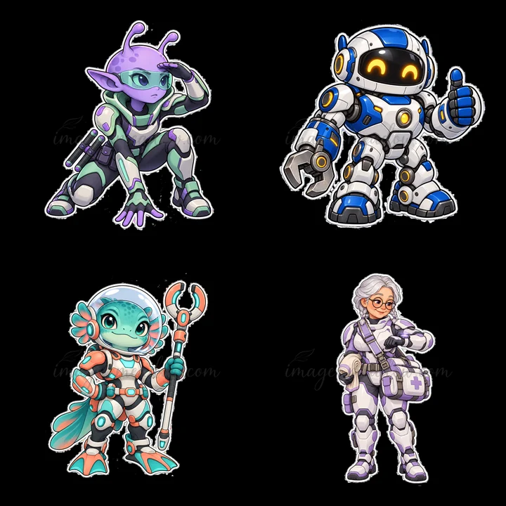 Four cartoon characters show their unique features and roles. A small purple alien salutes, a blue robot gives a thumbs up, a green creature holds a staff, and