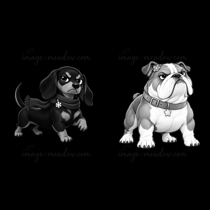 A pair of cartoon grumpy dogs stand side by side. The left dog wears a scarf, while the right dog has a collar with a charm. Both characters exhibit playful gru