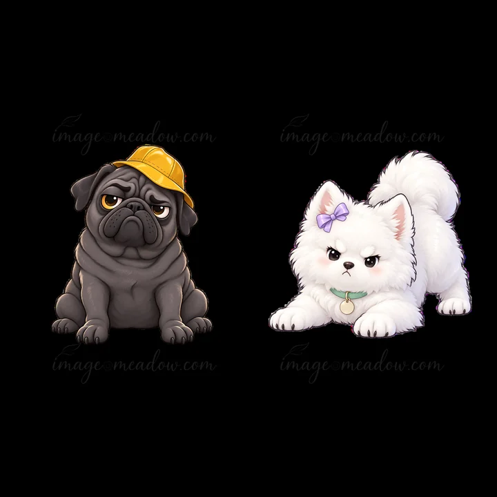 A black pug wearing a yellow hat sits with a grumpy expression. Next to it, a white pomeranian lays down, looking annoyed with a small bow on its head. Both dog