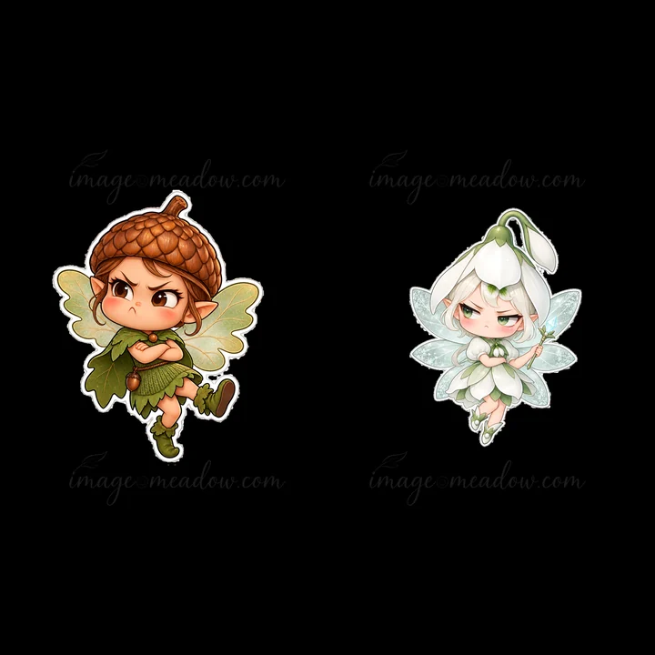 A pair of cartoon stickers features a grumpy fairy and a boy in an acorn hat. The fairy, with white wings and a flower design, shows an irritated expression. Th