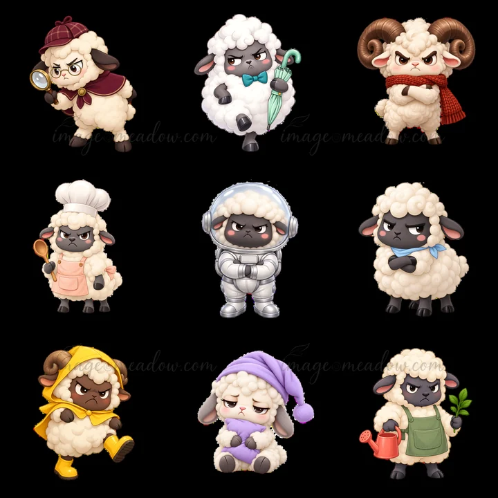 Nine kawaii grumpy sheep are shown in a 3x3 layout. Each sheep has a unique outfit and expression, such as a chef, astronaut, and gardener.