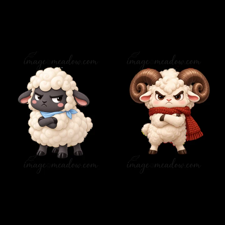Two cartoon-style sheep expressing grumpiness. The black-faced sheep on the left has a blue scarf, while the horned sheep on the right wears a red scarf, both s