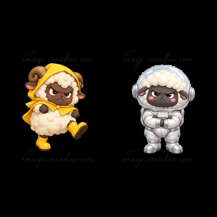 Two distinct kawaii grumpy sheep stickers are featured. One sheep wears a yellow raincoat and has an annoyed expression. The other sheep is in a silver space su