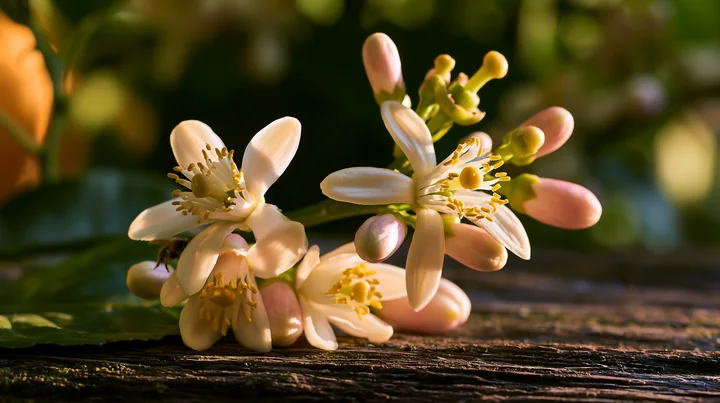 Lemon tree blossoms in sunlight display delicate white petals and soft pink buds.